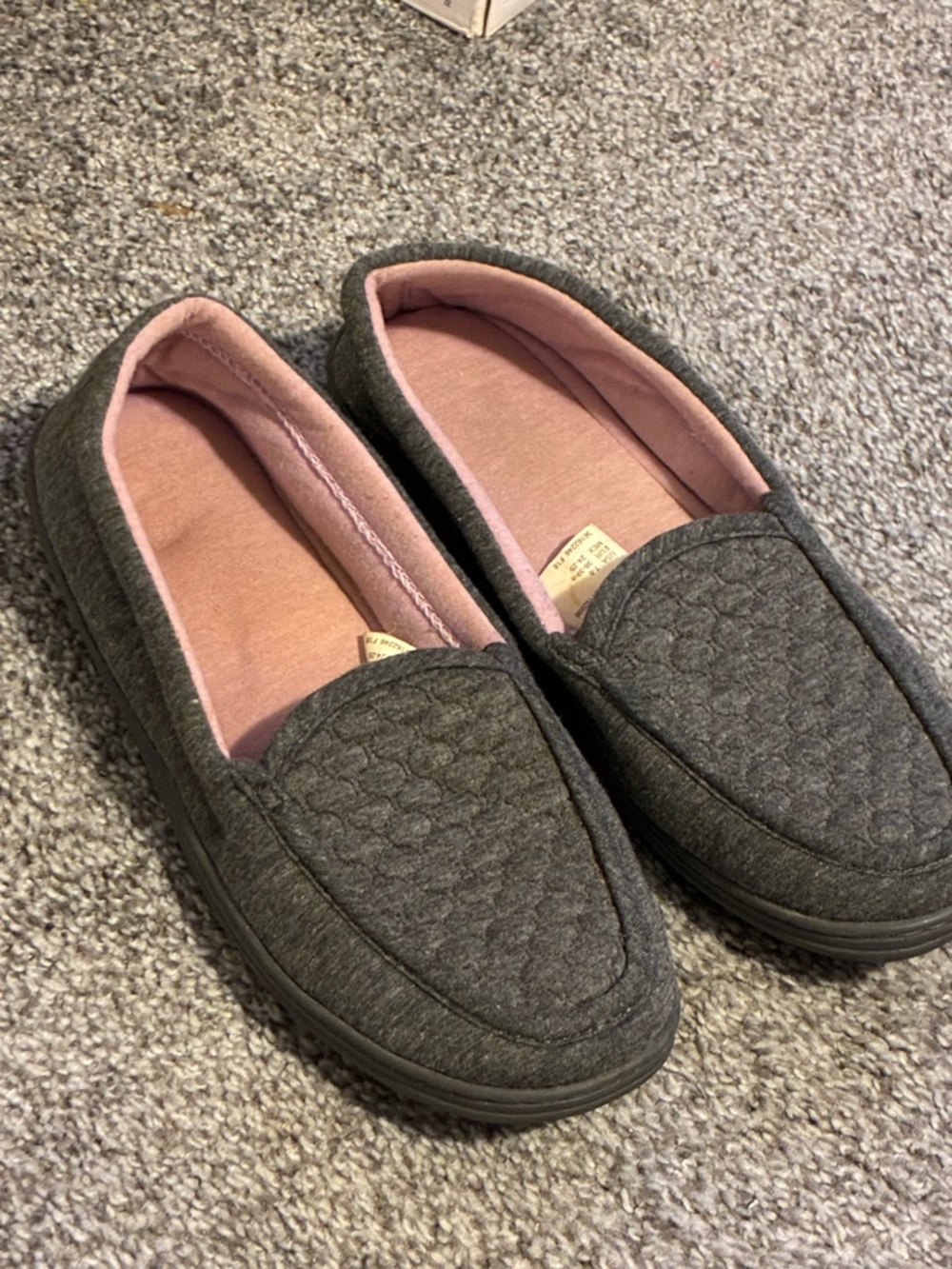 Secret Treasures Quilted Slip-On Moccasins in Gray with Pink Lining